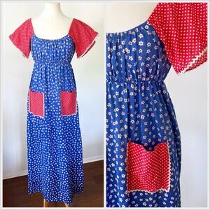 Vintage 70s Peasant Ric Rac Blue‎ Red Maxi Dress Prairie Ditsy // Size Medium